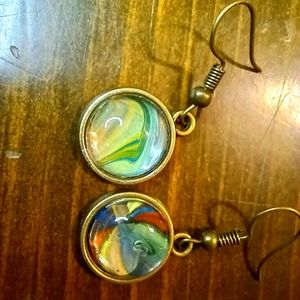 Colorful Costume Fish Hook Bronze Tone Earrings with green yellow blue and red